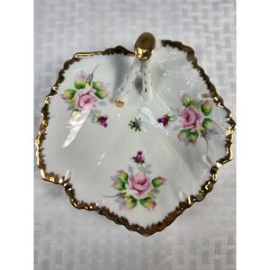Antique BonBon Tray Split Handle Hand Painted Roses Porcelain Gold Trim Accents